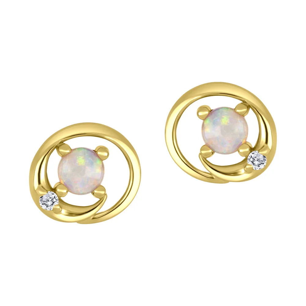 10K Yellow Gold 2 - 4mm Round Opal with Canadian Diamond Stud Earrings