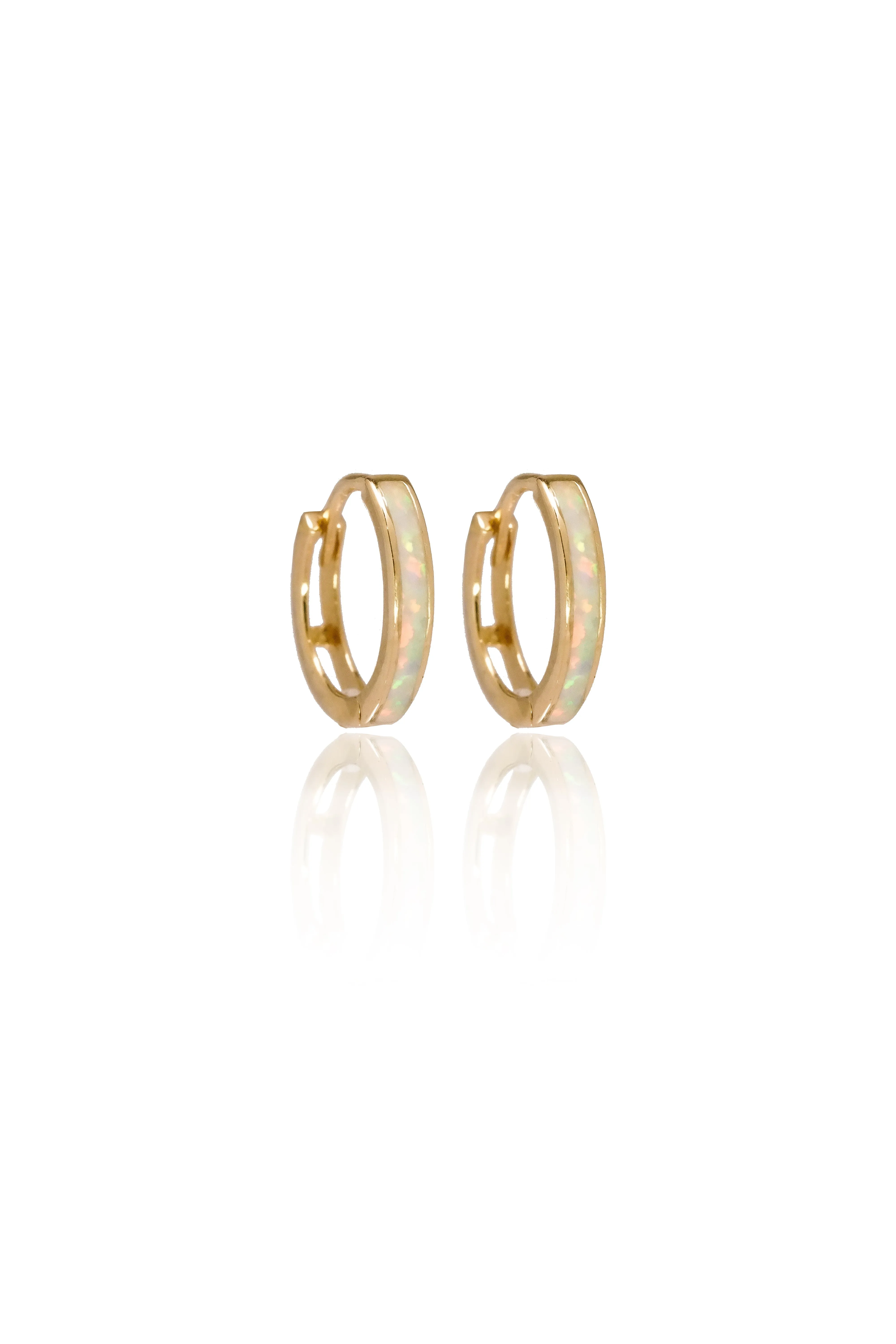 14K Solid Yellow Gold 11MM Opal Stone Hoop Earring