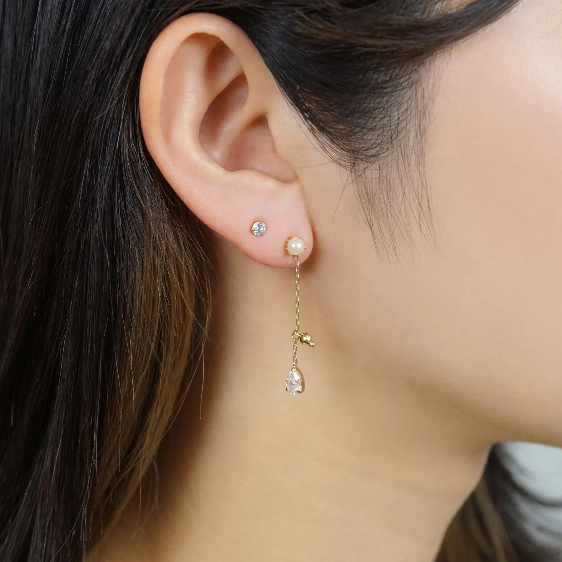 18K/10K Sky Blue Topaz Double Piercing Chain Earrings (Yellow Gold)