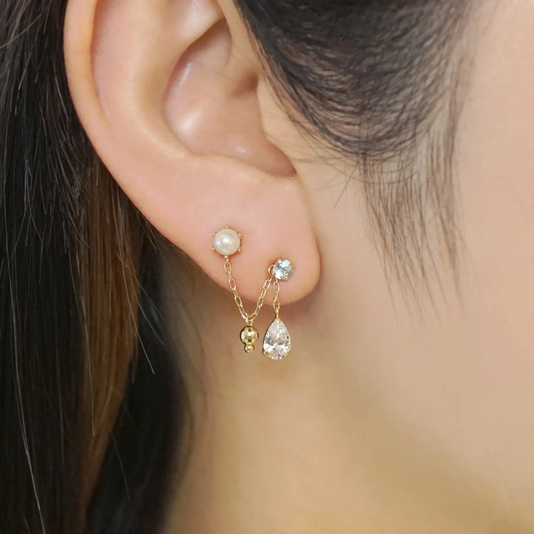 18K/10K Sky Blue Topaz Double Piercing Chain Earrings (Yellow Gold)