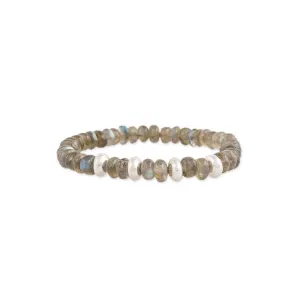 4 SPACED OUT STERLING SILVER BEADS   LABRADORITE BEADED STRETCH BRACELET