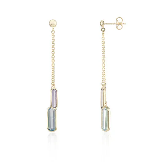 9ct Yellow Gold Lozenge Amethyst & Blue Topaz Lauret Earrings