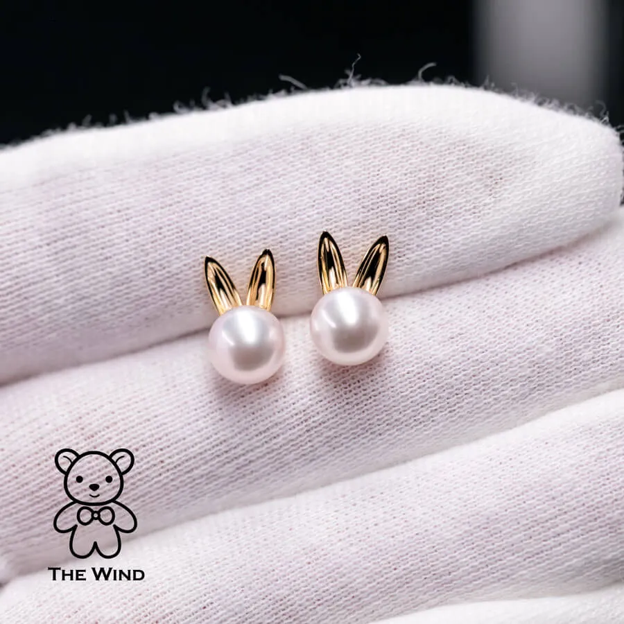 Adorable Rabbit Ears Akoya Pearl Stud Earrings 18K Yellow Gold