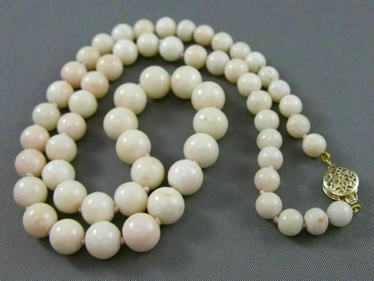 ANTIQUE AAA CORAL 14KT YELLOW GOLD FILIGREE GRADUATING BEADS NECKLACE #25035