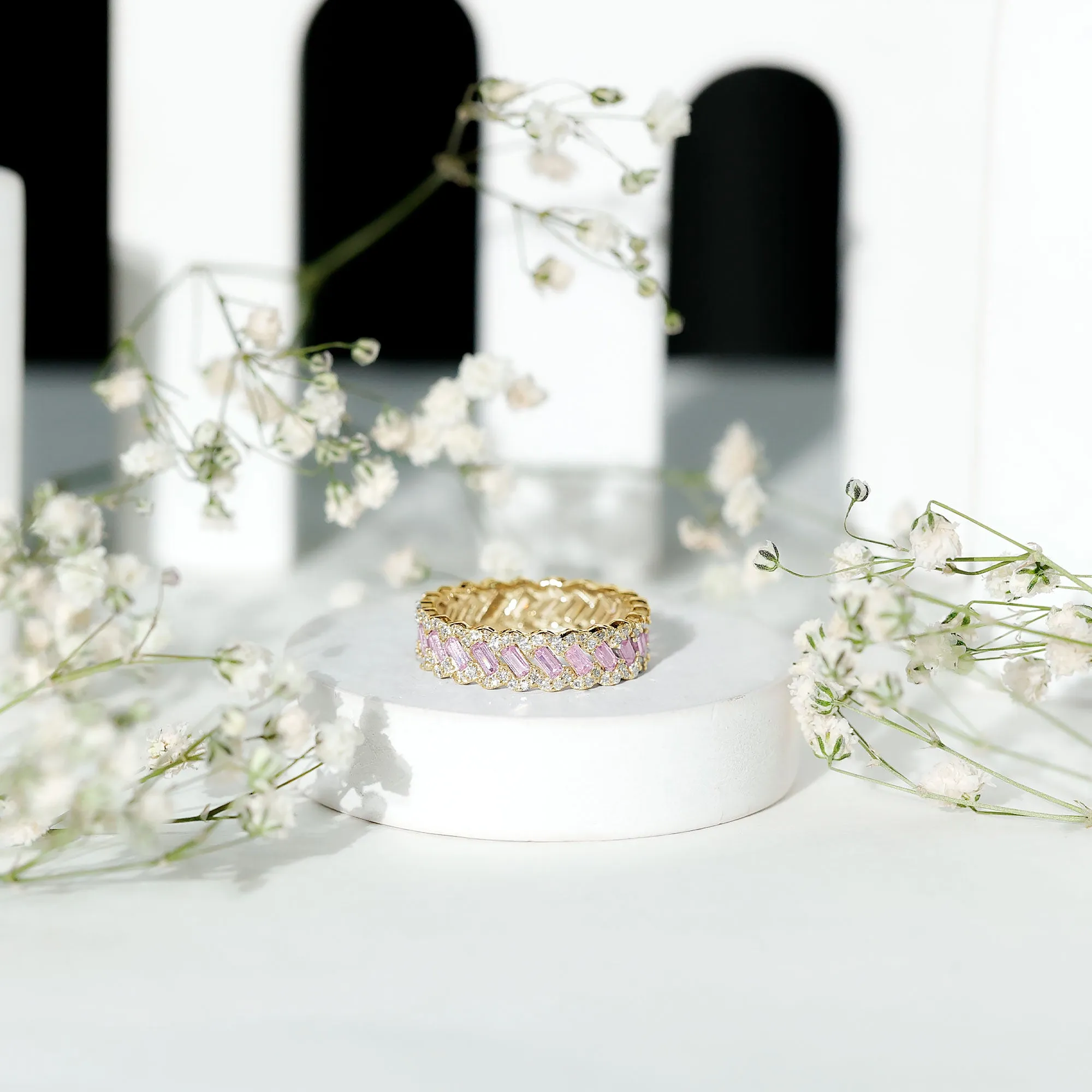 Baguette Lab Grown Pink Sapphire Braided Eternity Anniversary Band with Diamond