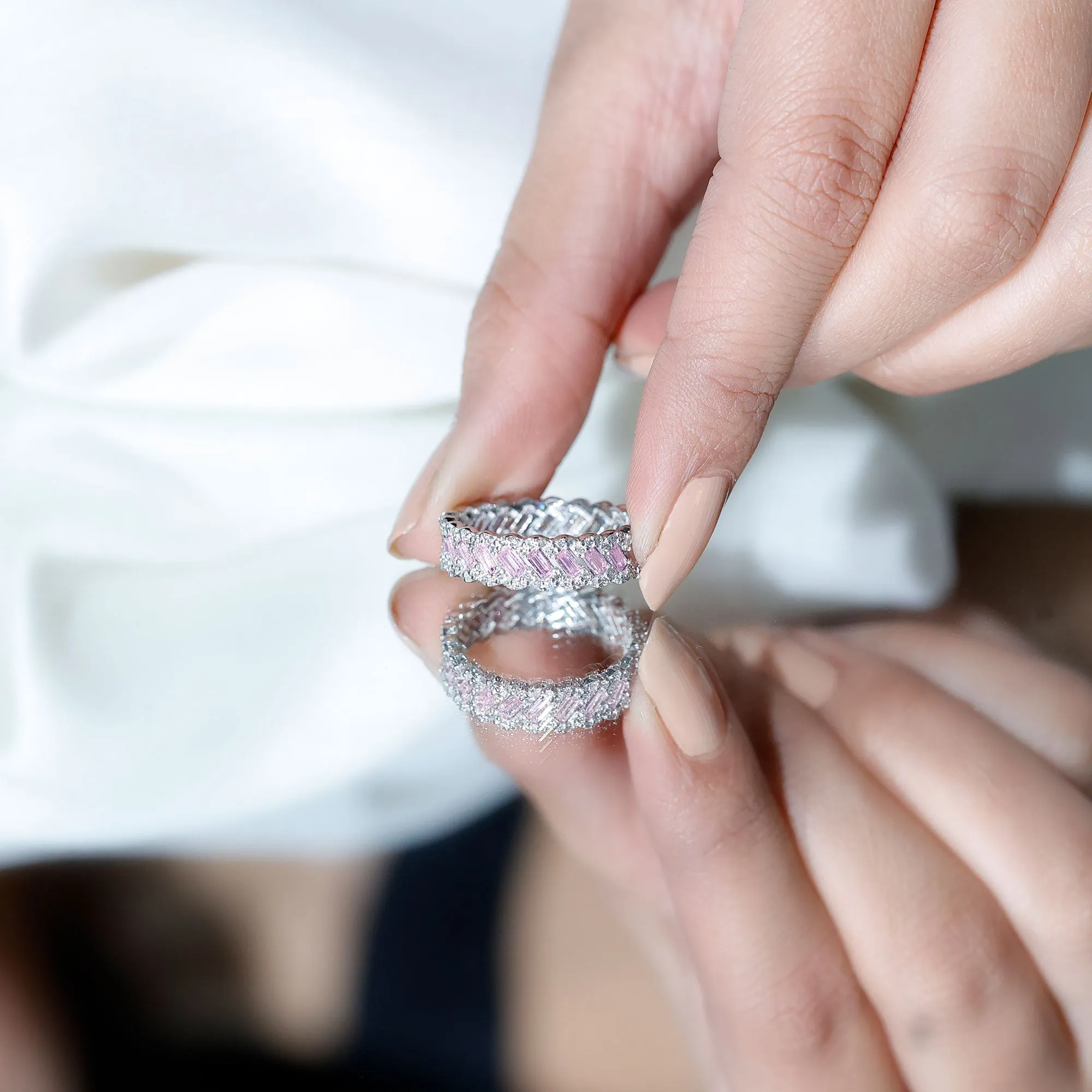 Baguette Lab Grown Pink Sapphire Braided Eternity Anniversary Band with Diamond