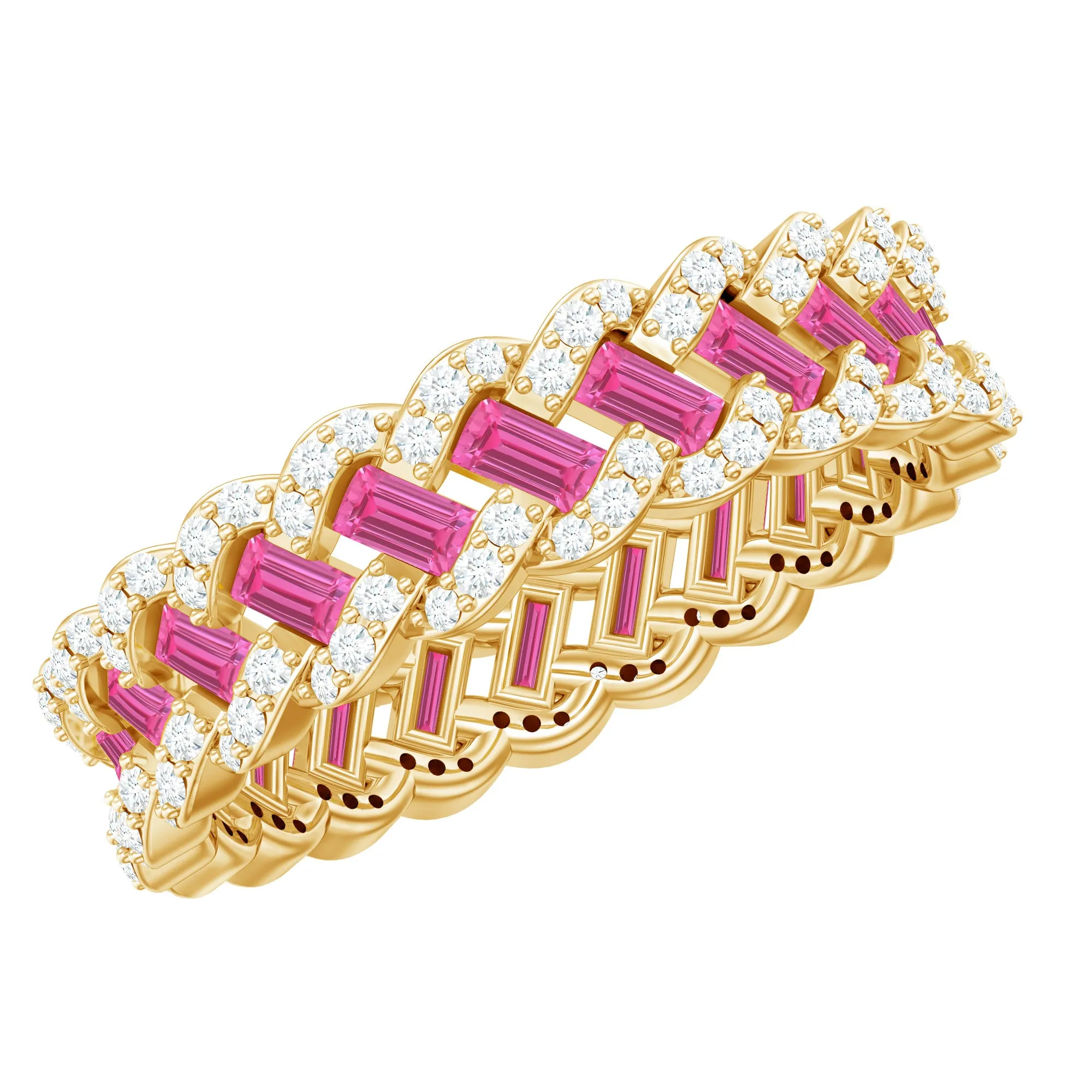Baguette Lab Grown Pink Sapphire Braided Eternity Anniversary Band with Diamond