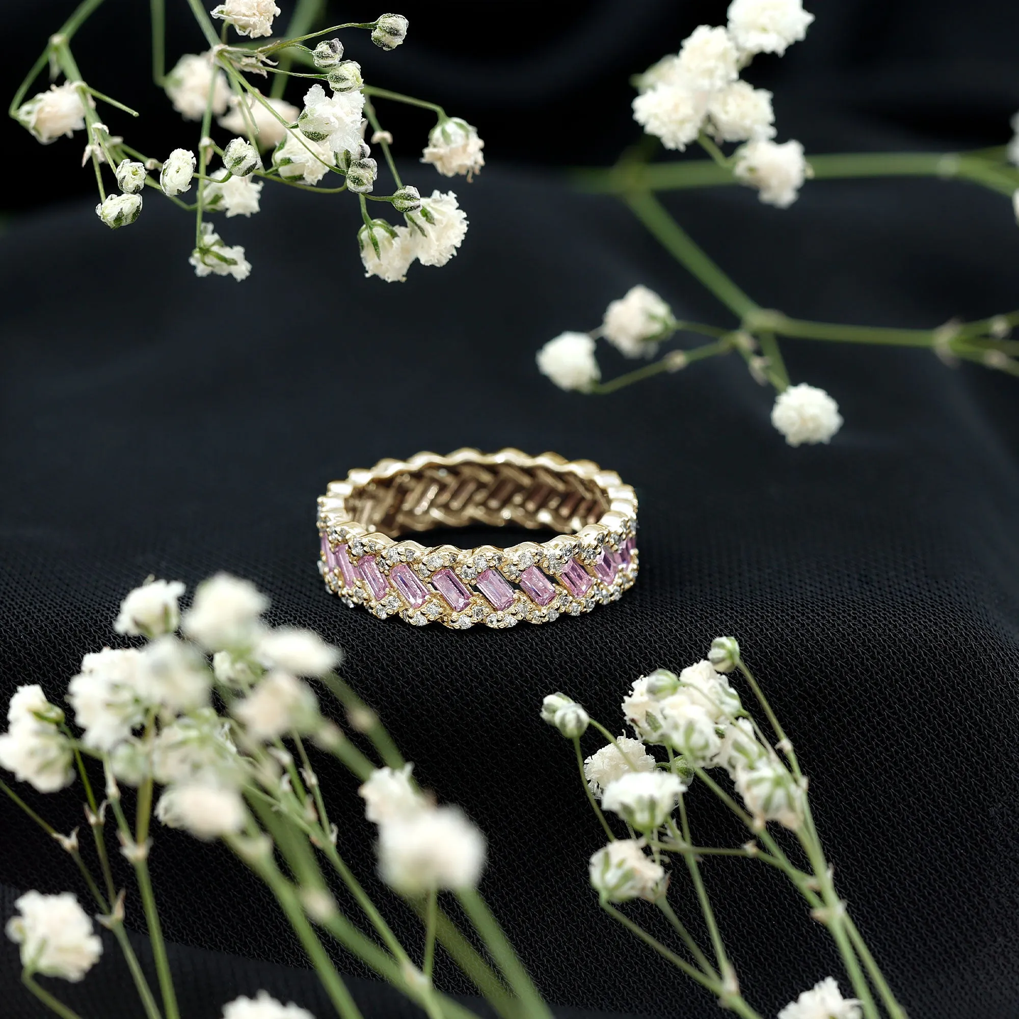 Baguette Lab Grown Pink Sapphire Braided Eternity Anniversary Band with Diamond