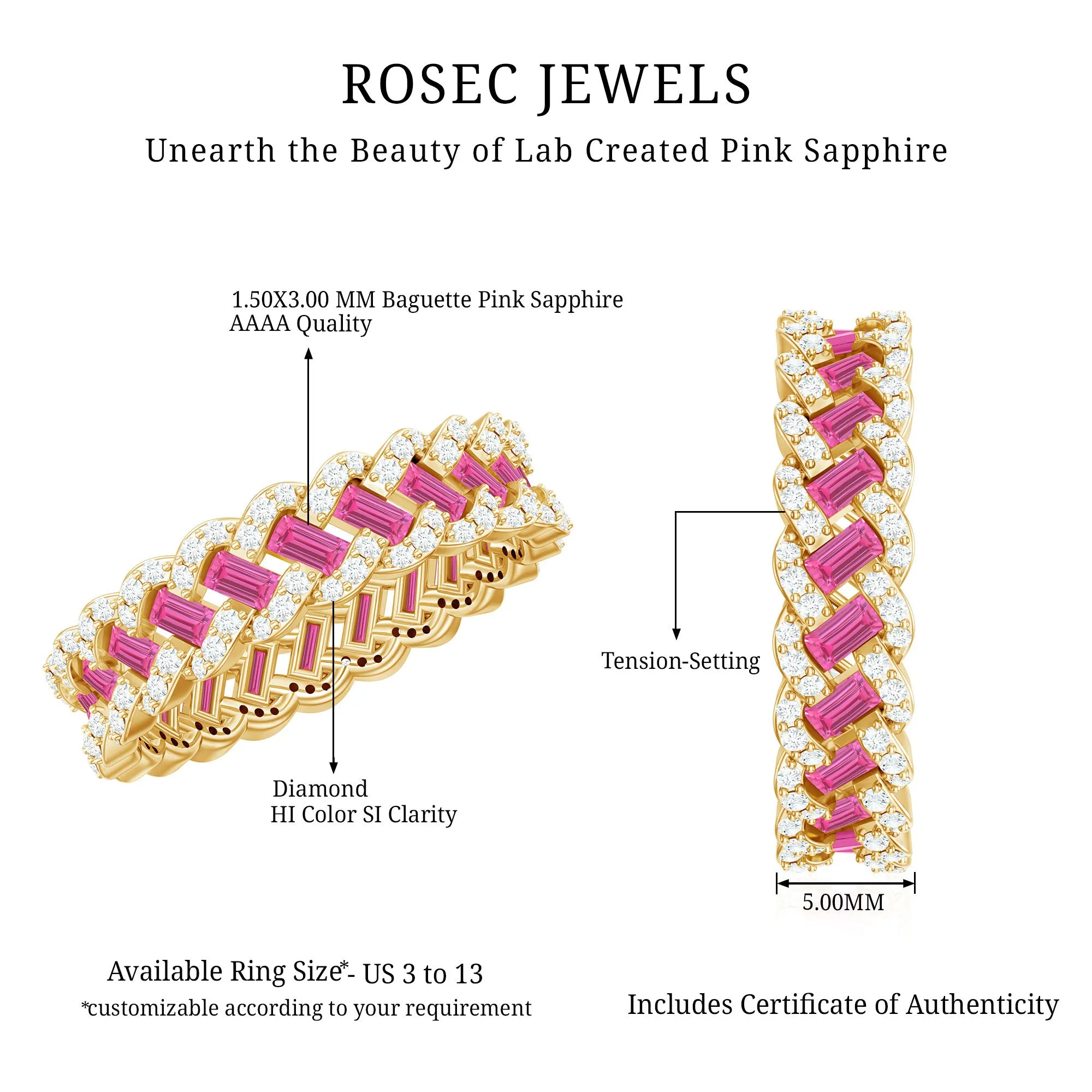 Baguette Lab Grown Pink Sapphire Braided Eternity Anniversary Band with Diamond