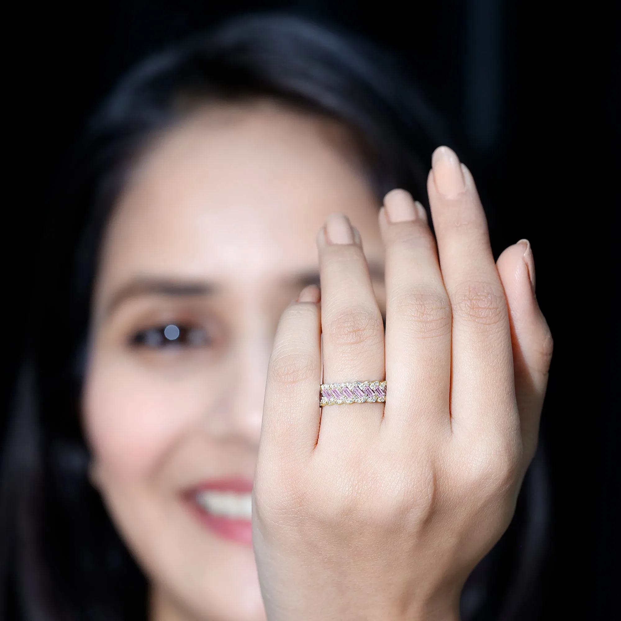 Baguette Lab Grown Pink Sapphire Braided Eternity Anniversary Band with Diamond