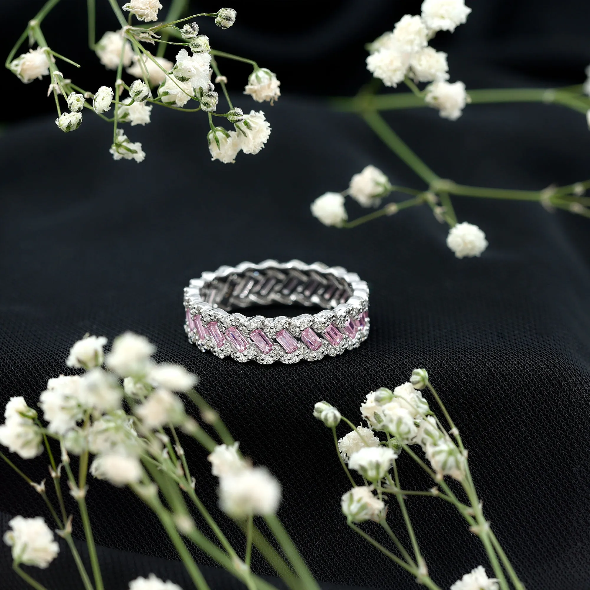 Baguette Lab Grown Pink Sapphire Braided Eternity Anniversary Band with Diamond
