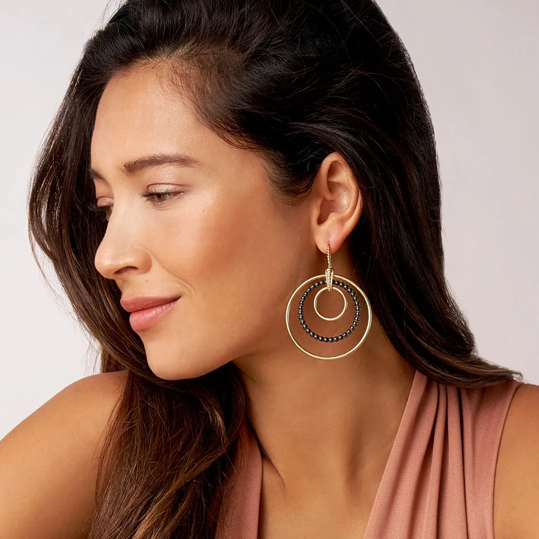 Black Caviar Statement Gold and Ceramic Circle Drop Earrings