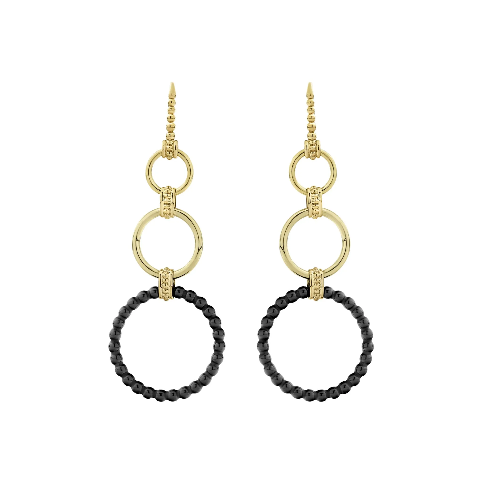 Black Caviar Three Gold and Ceramic Circle Drop Earrings