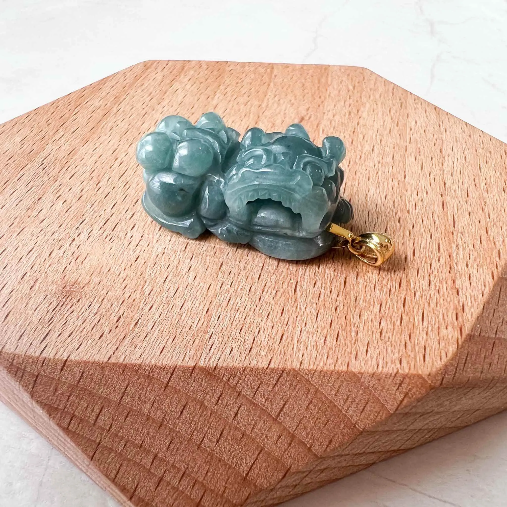 Blue Green Jadeite Jade Dragon Pixiu Pi Xiu, 18k Gold Bail, 貔貅, Dragon Chinese Carved Pendant, SHWQ-0423-1682209877