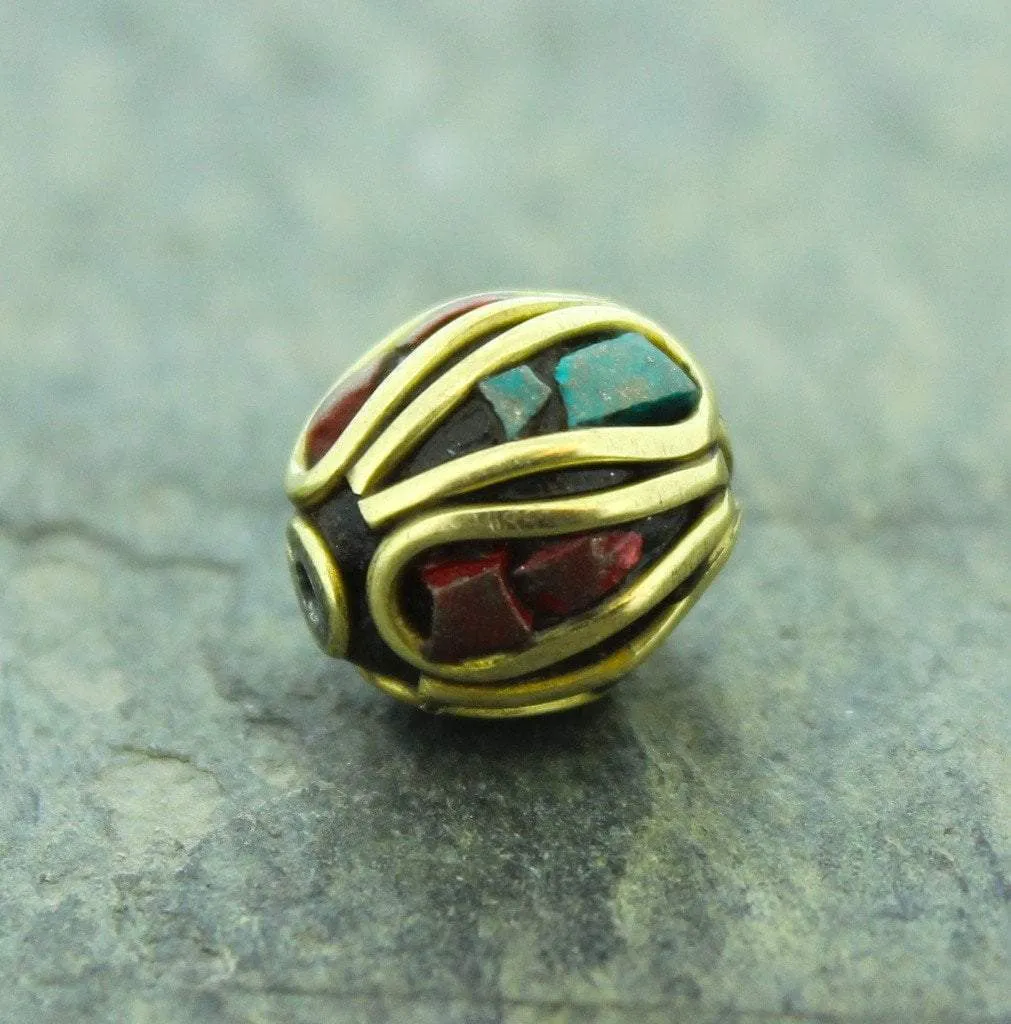 Brass Coral and Turquoise Tibetan Bead