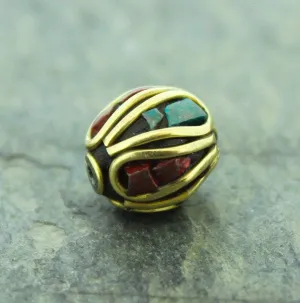 Brass Coral and Turquoise Tibetan Bead