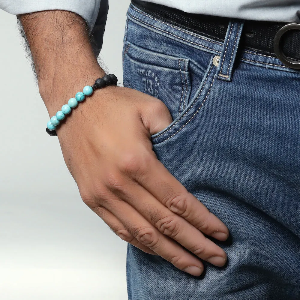 Certified Turquoise 8mm Natural Stone Bracelet With Lava Stone