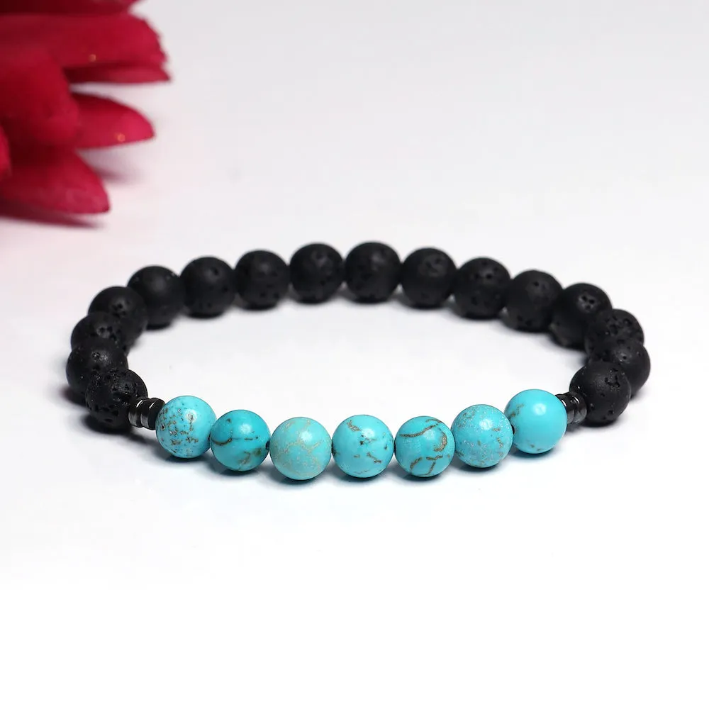 Certified Turquoise 8mm Natural Stone Bracelet With Lava Stone