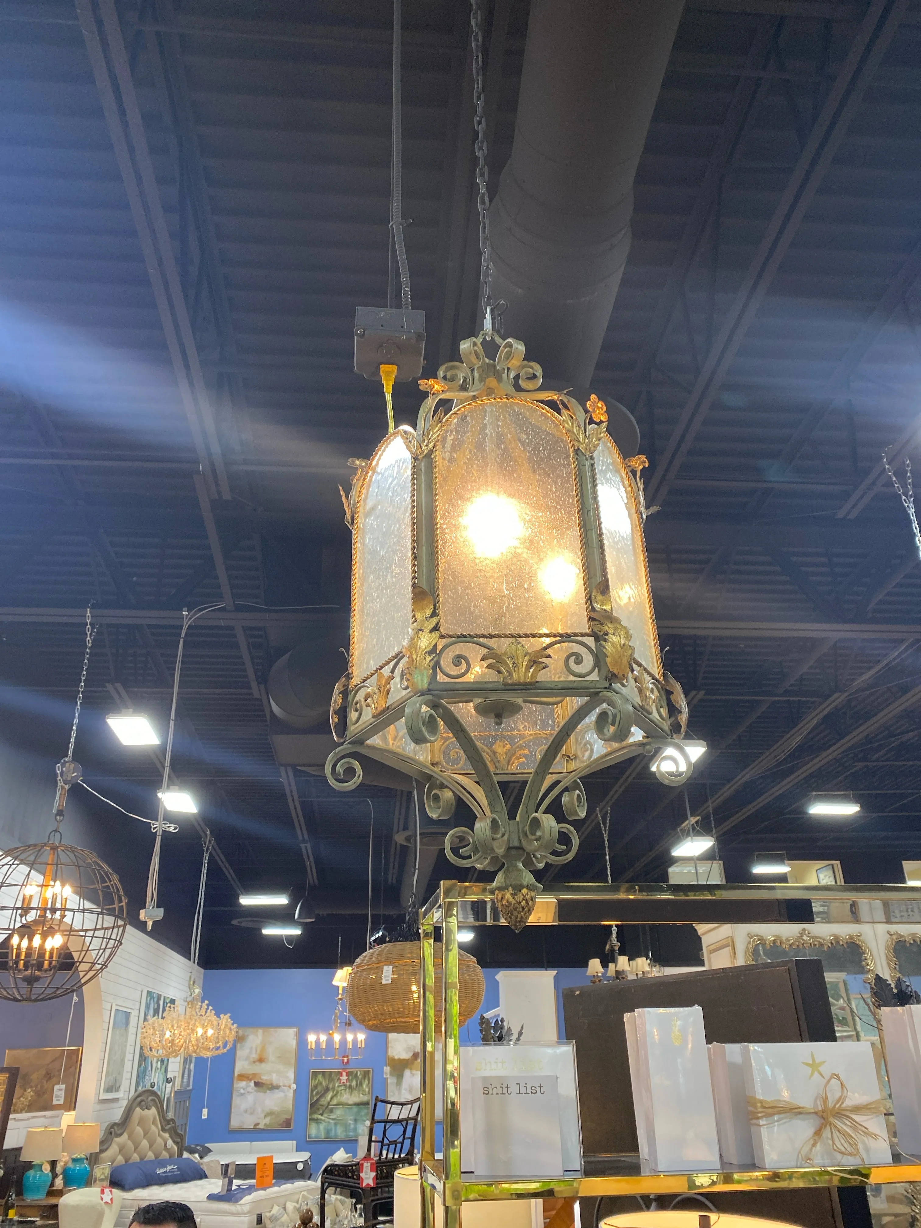 CHANDELIER HEXAGON GREEN ANTIQUED METAL WITH GOLD ACCENTS 3 LIGHTS