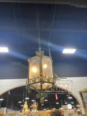CHANDELIER HEXAGON GREEN ANTIQUED METAL WITH GOLD ACCENTS 3 LIGHTS