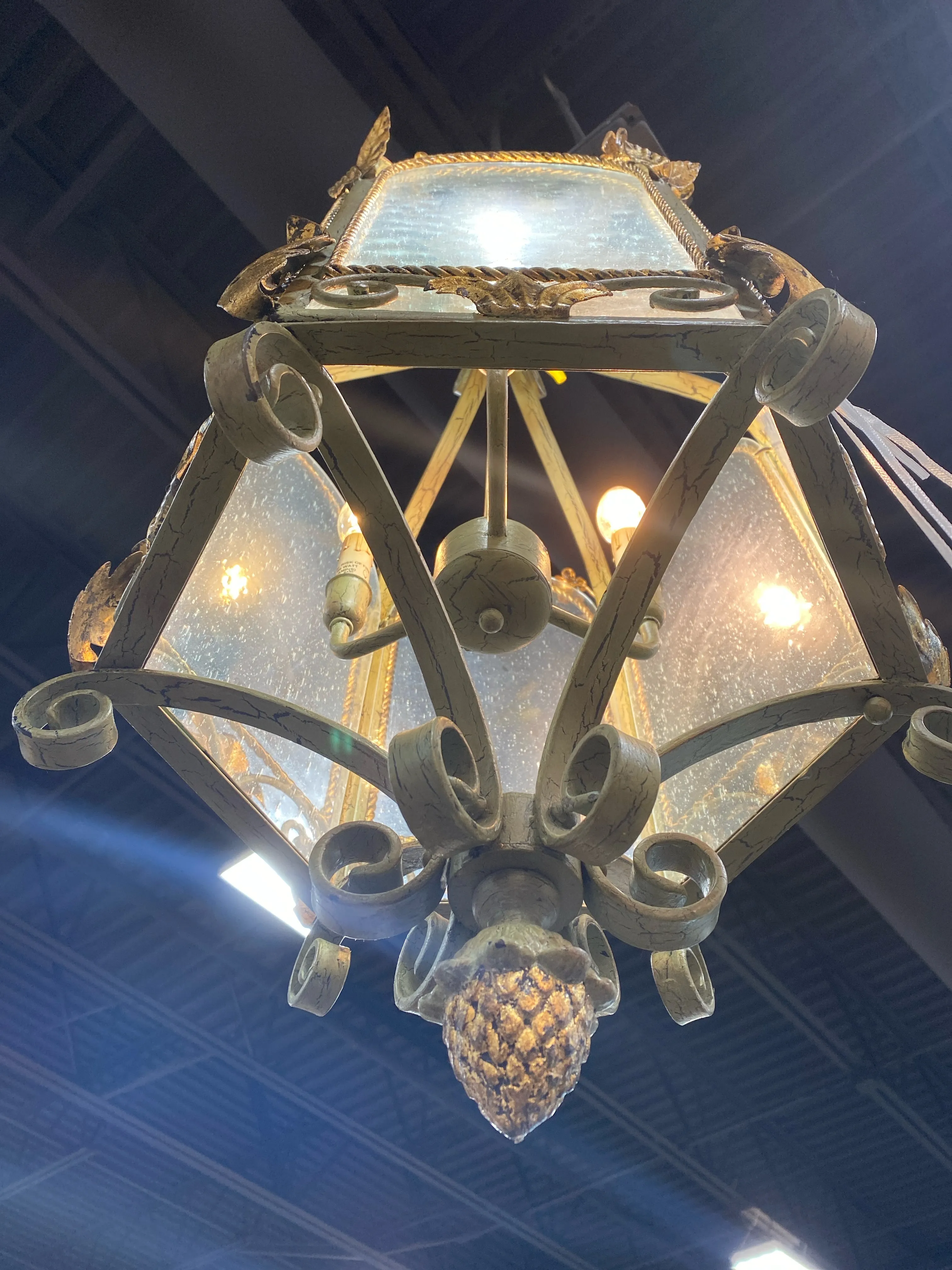 CHANDELIER HEXAGON GREEN ANTIQUED METAL WITH GOLD ACCENTS 3 LIGHTS