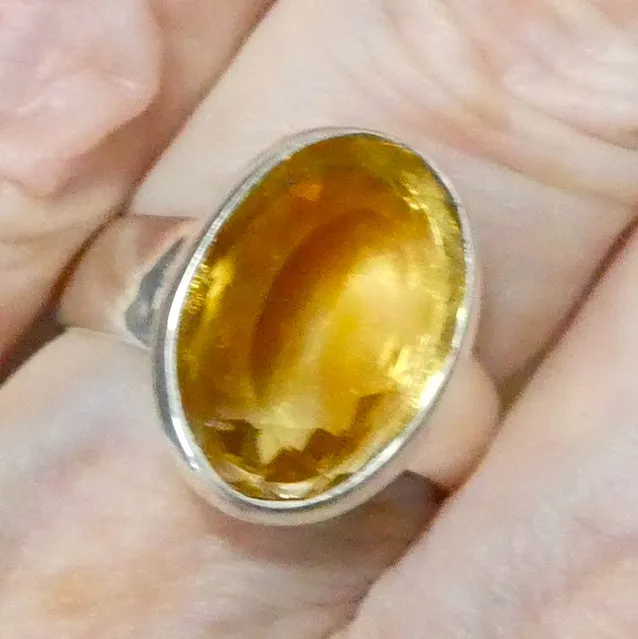 Citrine Ring, Fancy Faceted Oval, Size 8, 925 Sterling Silver
