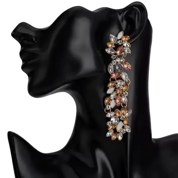 Crystal Flower Earrings-Long Drop Dangle-Rhinestone Acrylic Earrings for Women