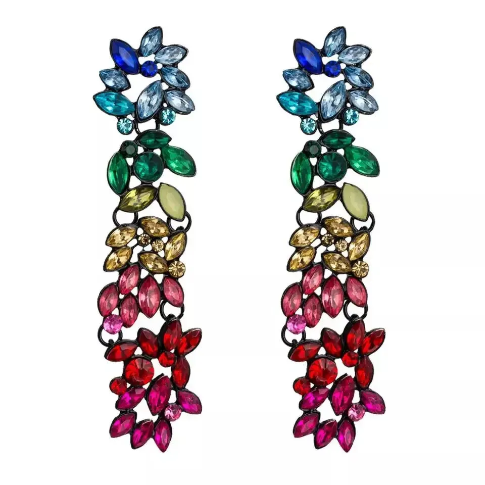 Crystal Flower Earrings-Long Drop Dangle-Rhinestone Acrylic Earrings for Women