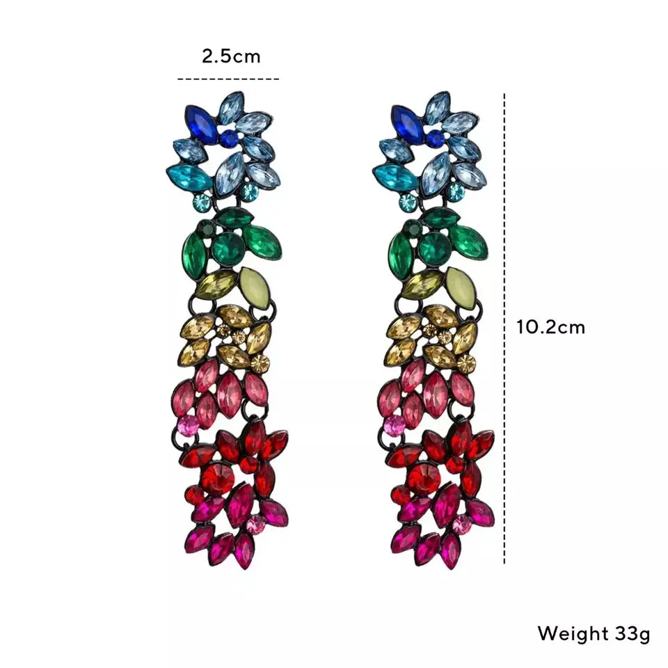 Crystal Flower Earrings-Long Drop Dangle-Rhinestone Acrylic Earrings for Women