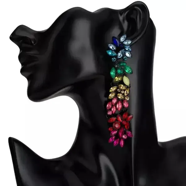 Crystal Flower Earrings-Long Drop Dangle-Rhinestone Acrylic Earrings for Women