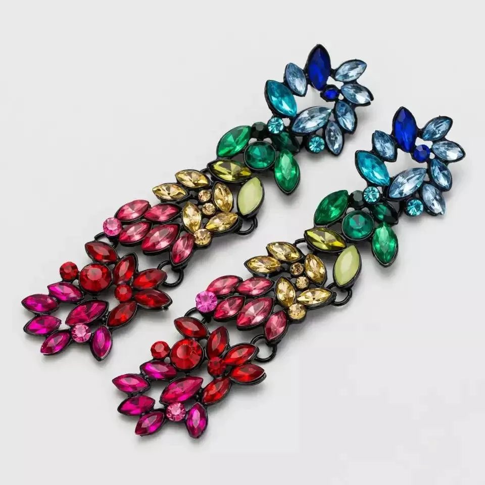 Crystal Flower Earrings-Long Drop Dangle-Rhinestone Acrylic Earrings for Women
