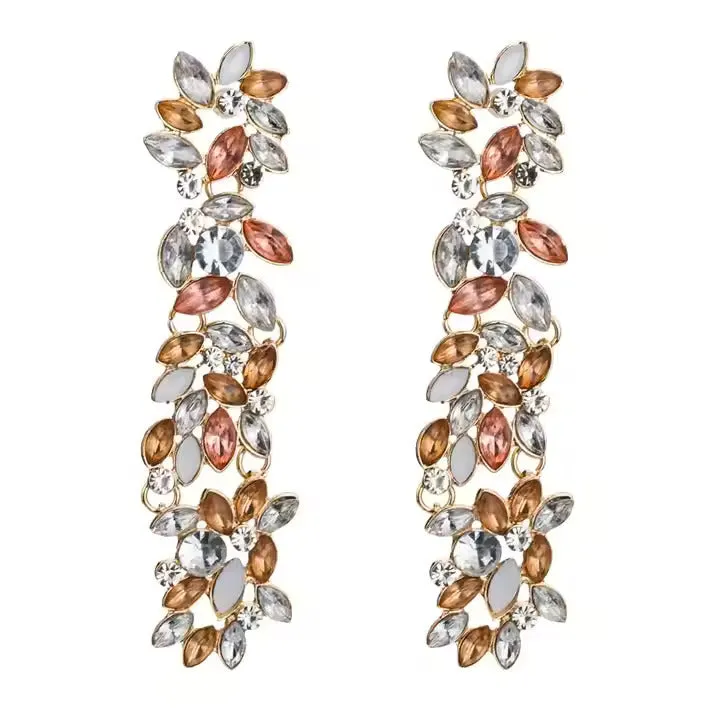 Crystal Flower Earrings-Long Drop Dangle-Rhinestone Acrylic Earrings for Women