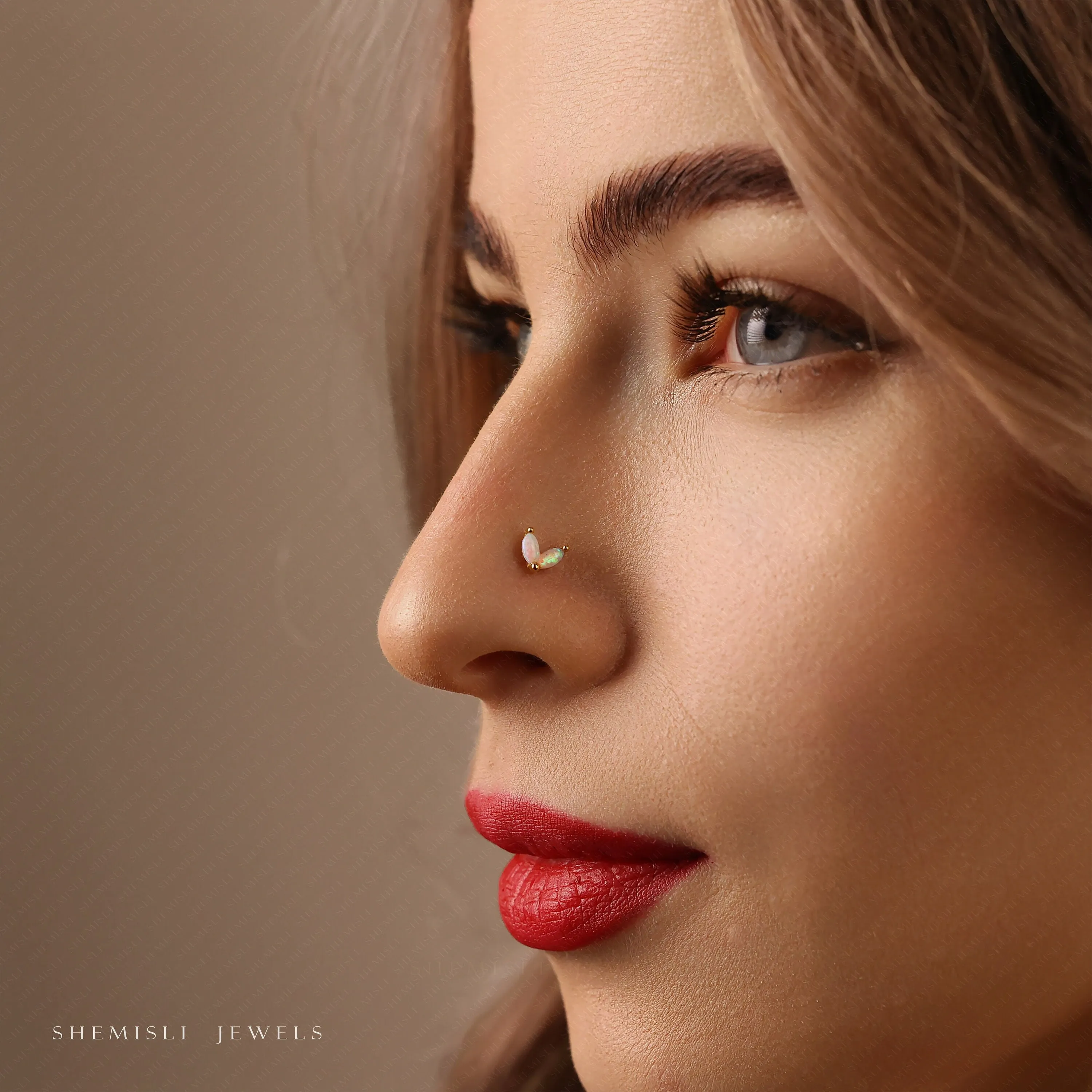 Dainty 2 leaf Opal Threadless Flat Back Nose Stud, 20,18,16ga, 5-10mm Unisex, Surgical Steel SHEMISLI SS583