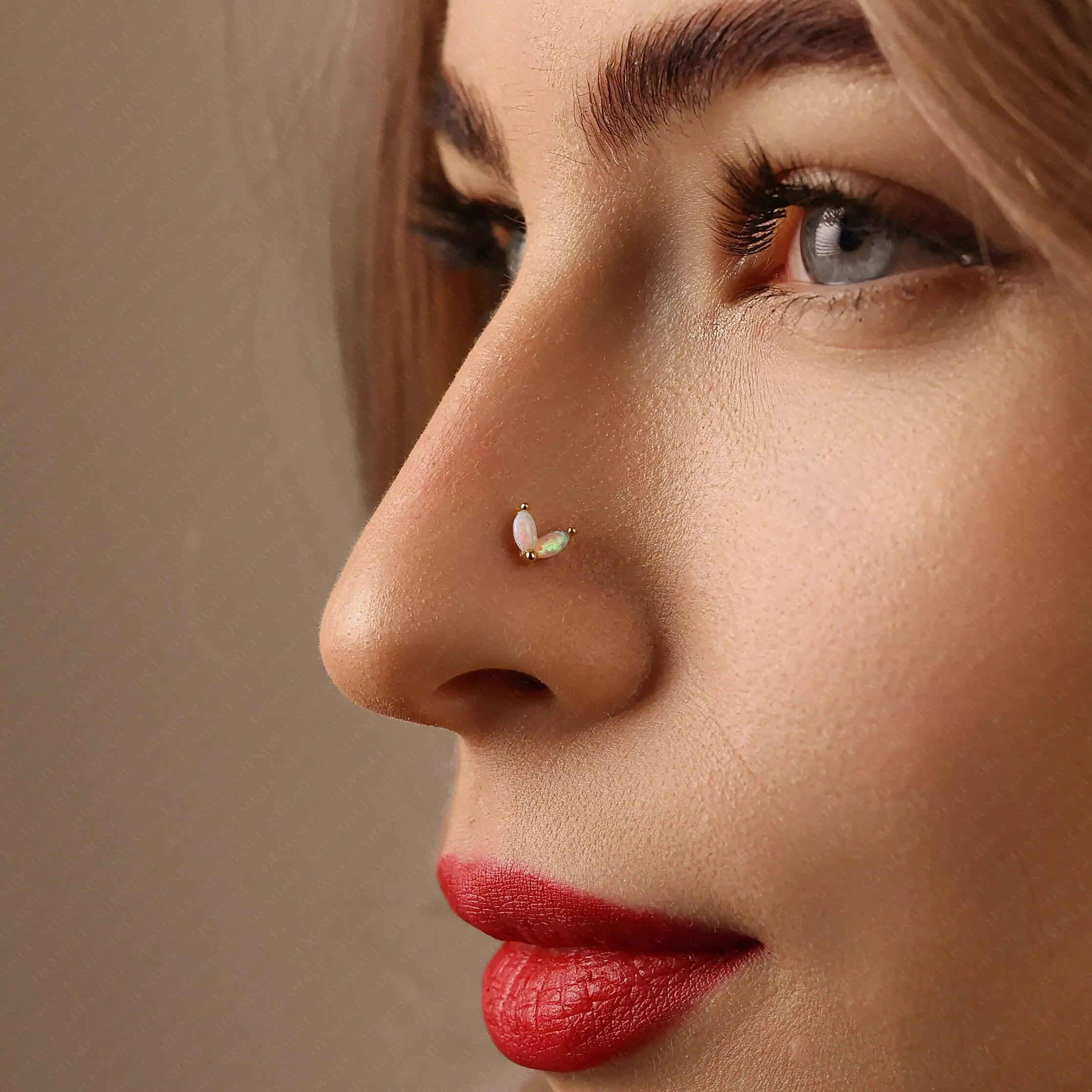 Dainty 2 leaf Opal Threadless Flat Back Nose Stud, 20,18,16ga, 5-10mm Unisex, Surgical Steel SHEMISLI SS583
