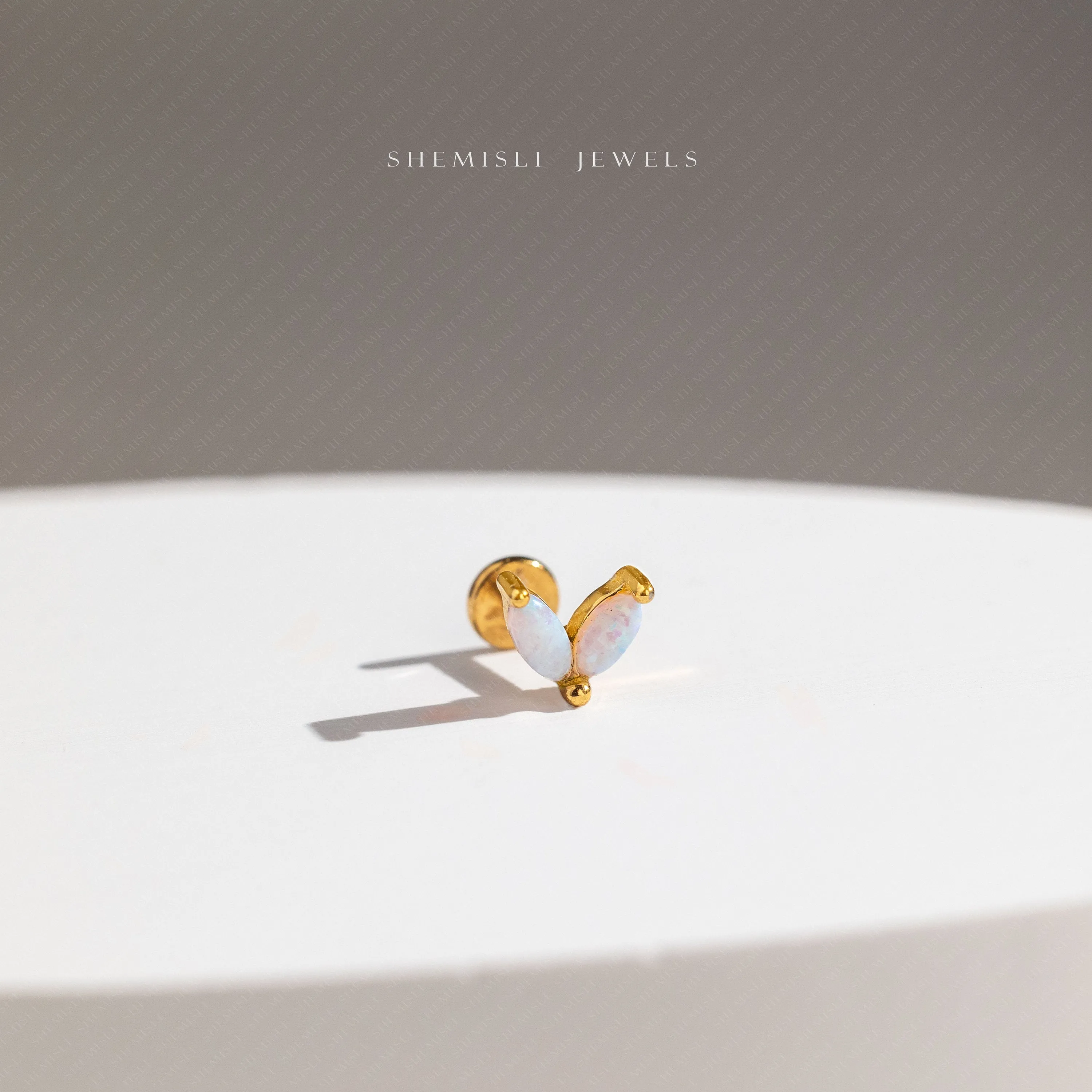 Dainty 2 leaf Opal Threadless Flat Back Nose Stud, 20,18,16ga, 5-10mm Unisex, Surgical Steel SHEMISLI SS583