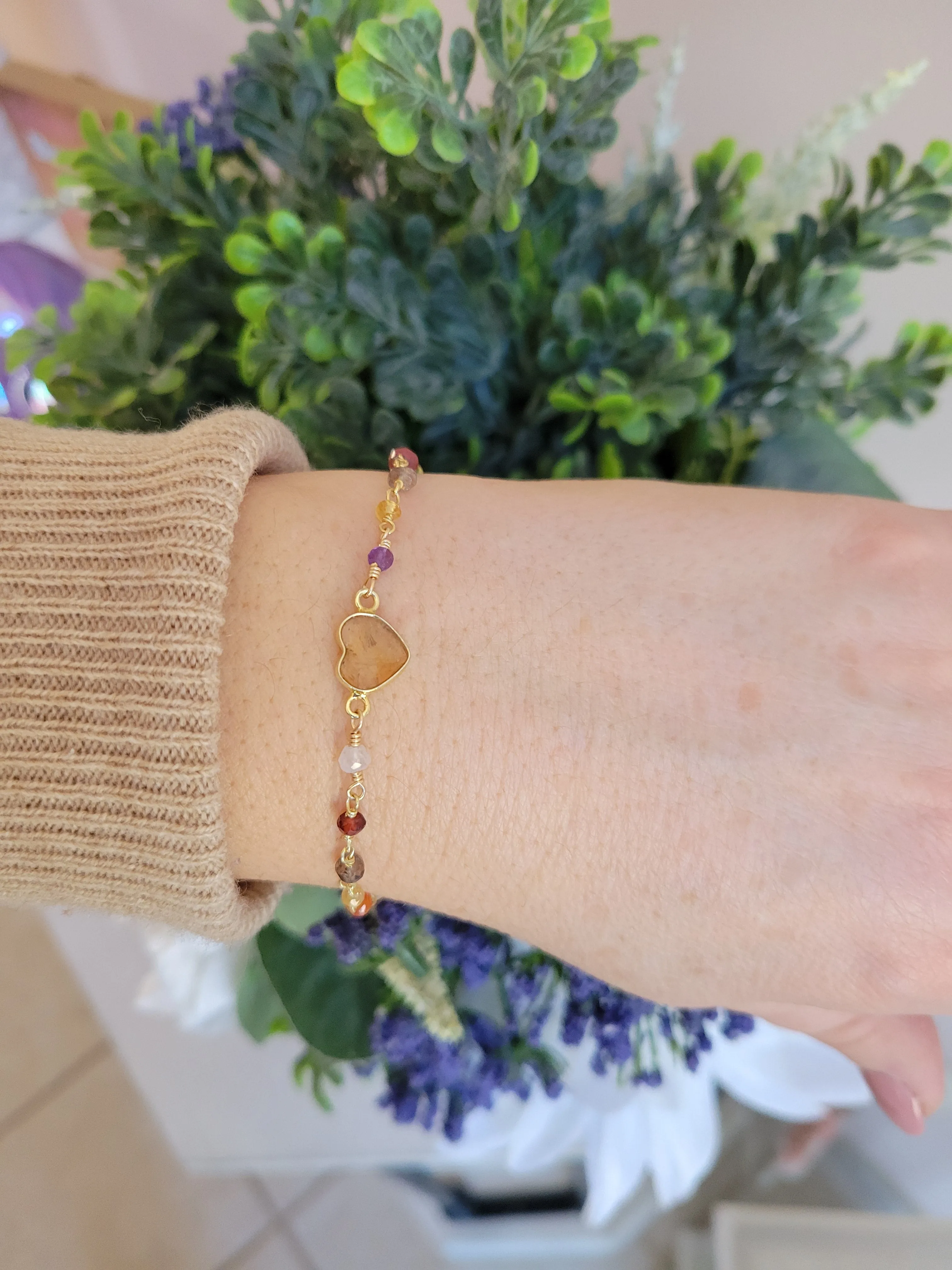 Dainty Citrine Heart Bracelet, Multi Gemstone Beaded Bracelet