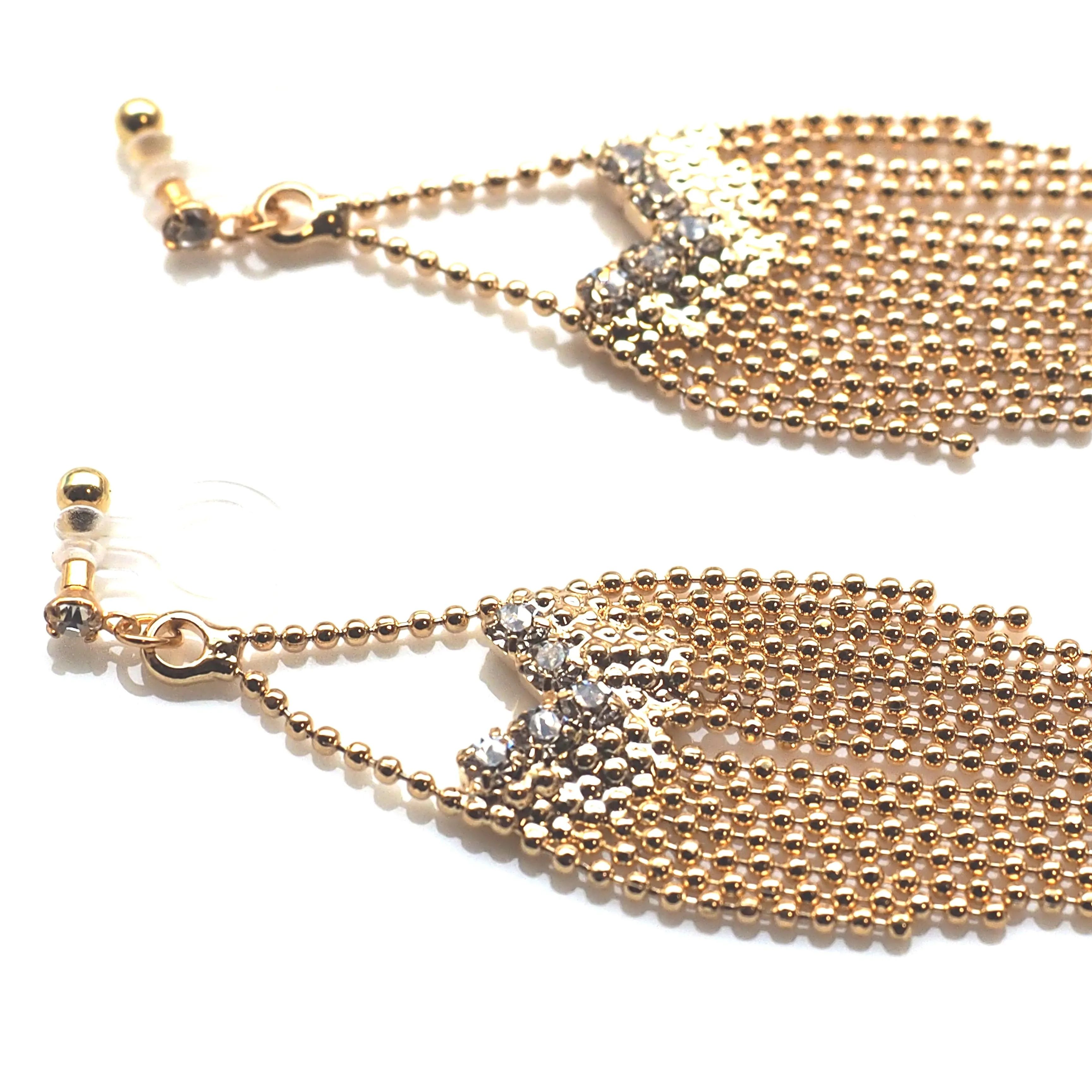 Dangle rhinestone and gold ball chain invisible clip on earrings