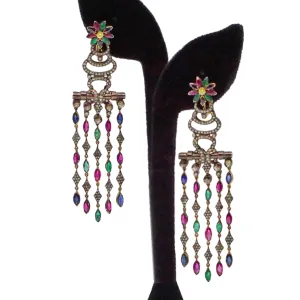 EARRINGS 14K Yellow Gold & Silver Chandelier with Multi-Colored Gemstones