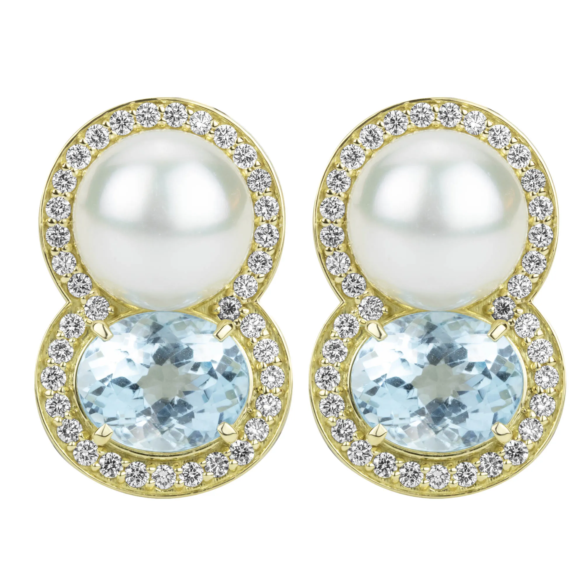 Earrings - Blue Topaz, Southsea Pearl And Diamond