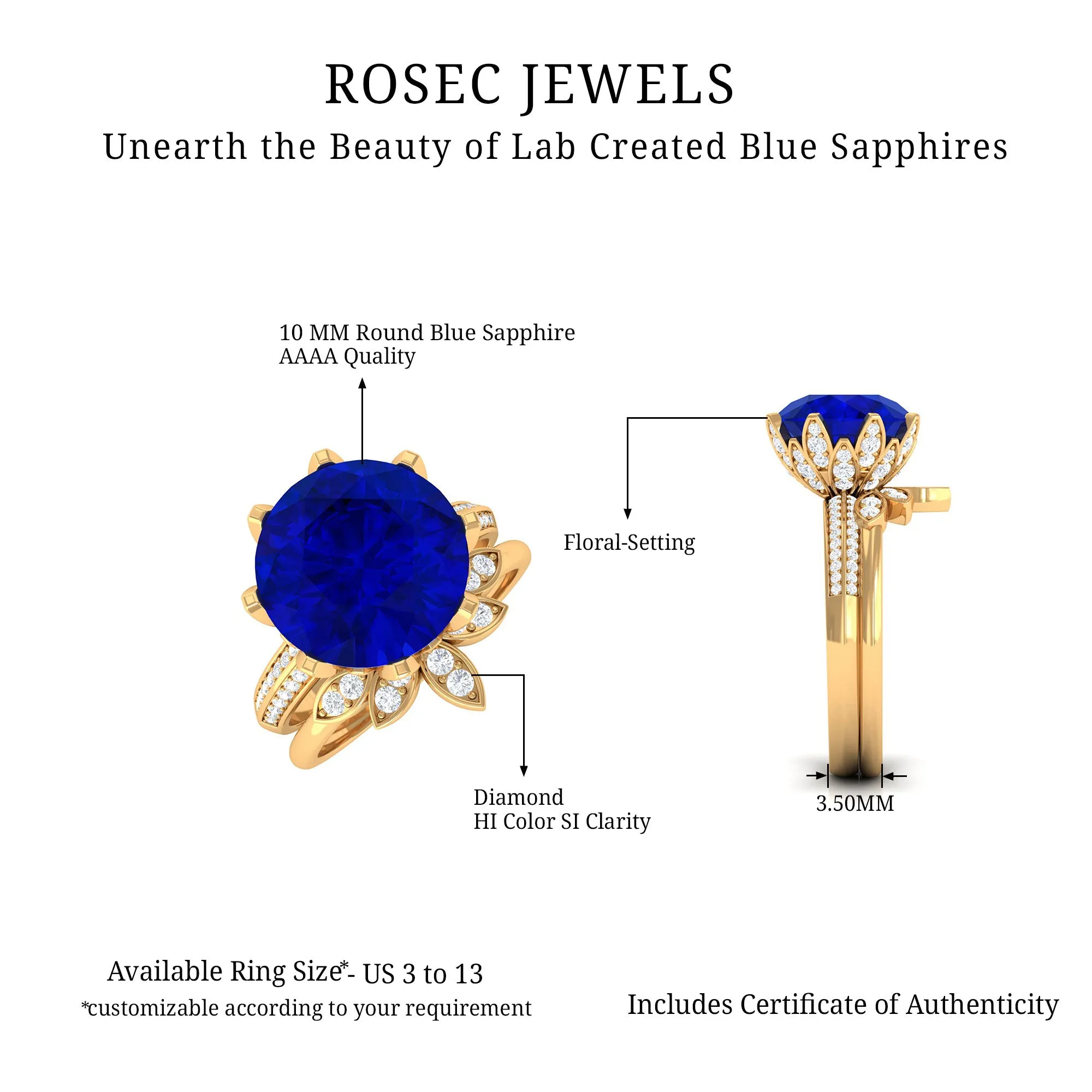 Floral Inspired Lab Grown Blue Sapphire and Diamond Bridal Ring Set