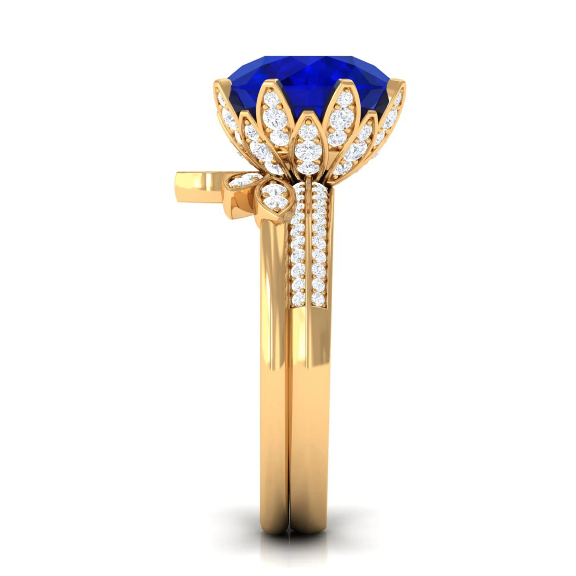 Floral Inspired Lab Grown Blue Sapphire and Diamond Bridal Ring Set