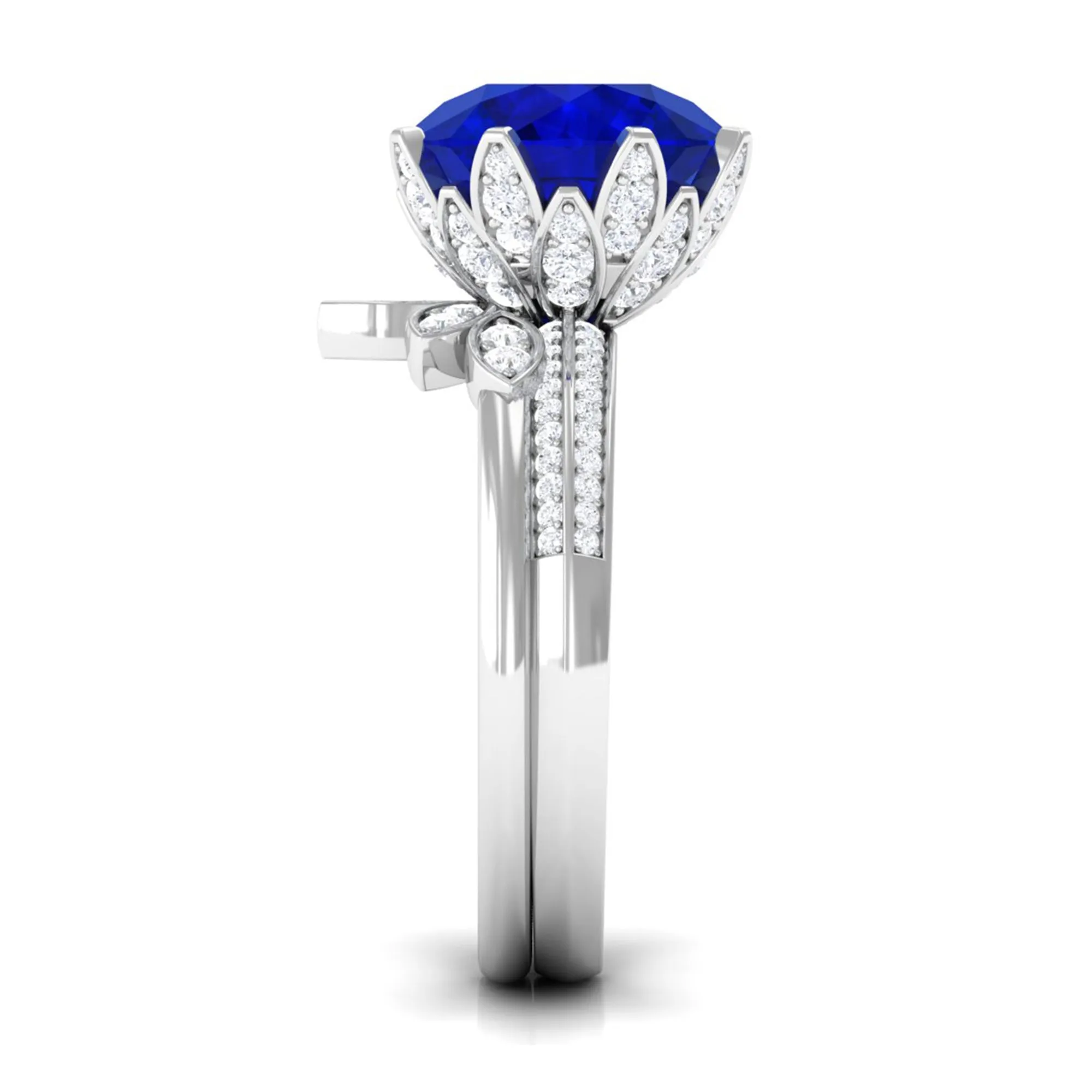 Floral Inspired Lab Grown Blue Sapphire and Diamond Bridal Ring Set