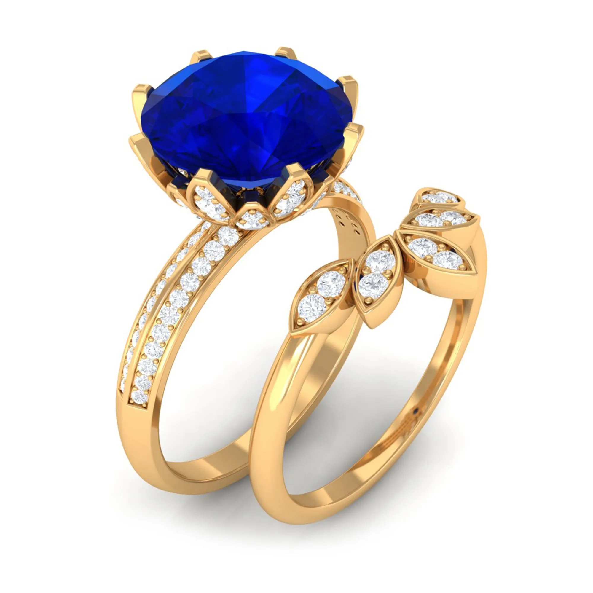 Floral Inspired Lab Grown Blue Sapphire and Diamond Bridal Ring Set