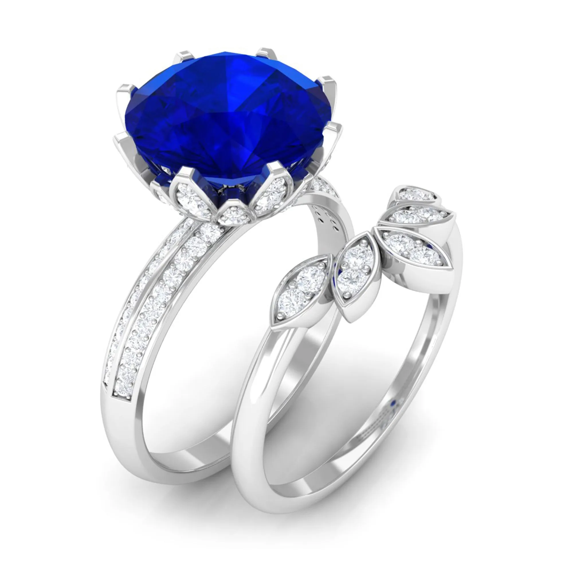Floral Inspired Lab Grown Blue Sapphire and Diamond Bridal Ring Set
