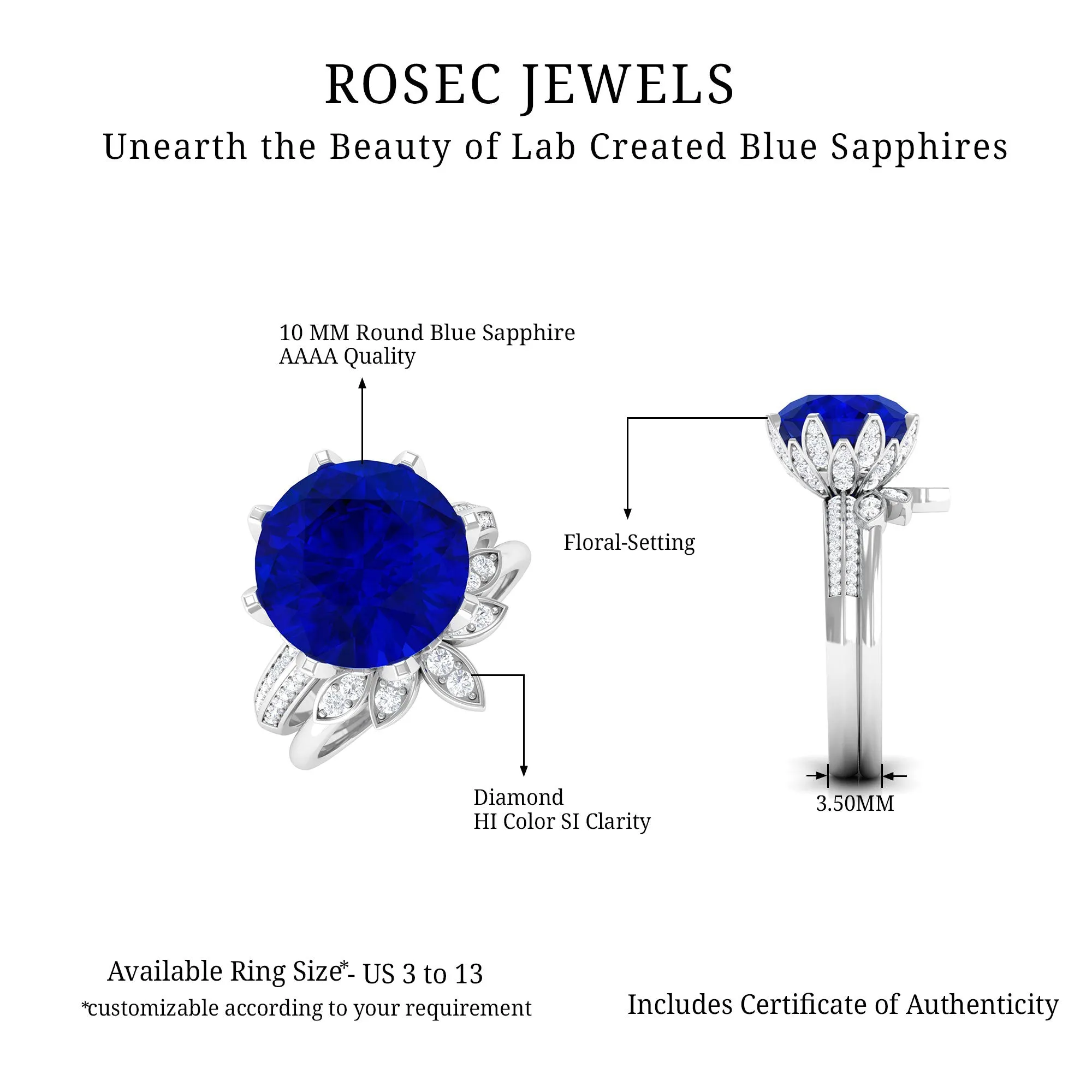 Floral Inspired Lab Grown Blue Sapphire and Diamond Bridal Ring Set