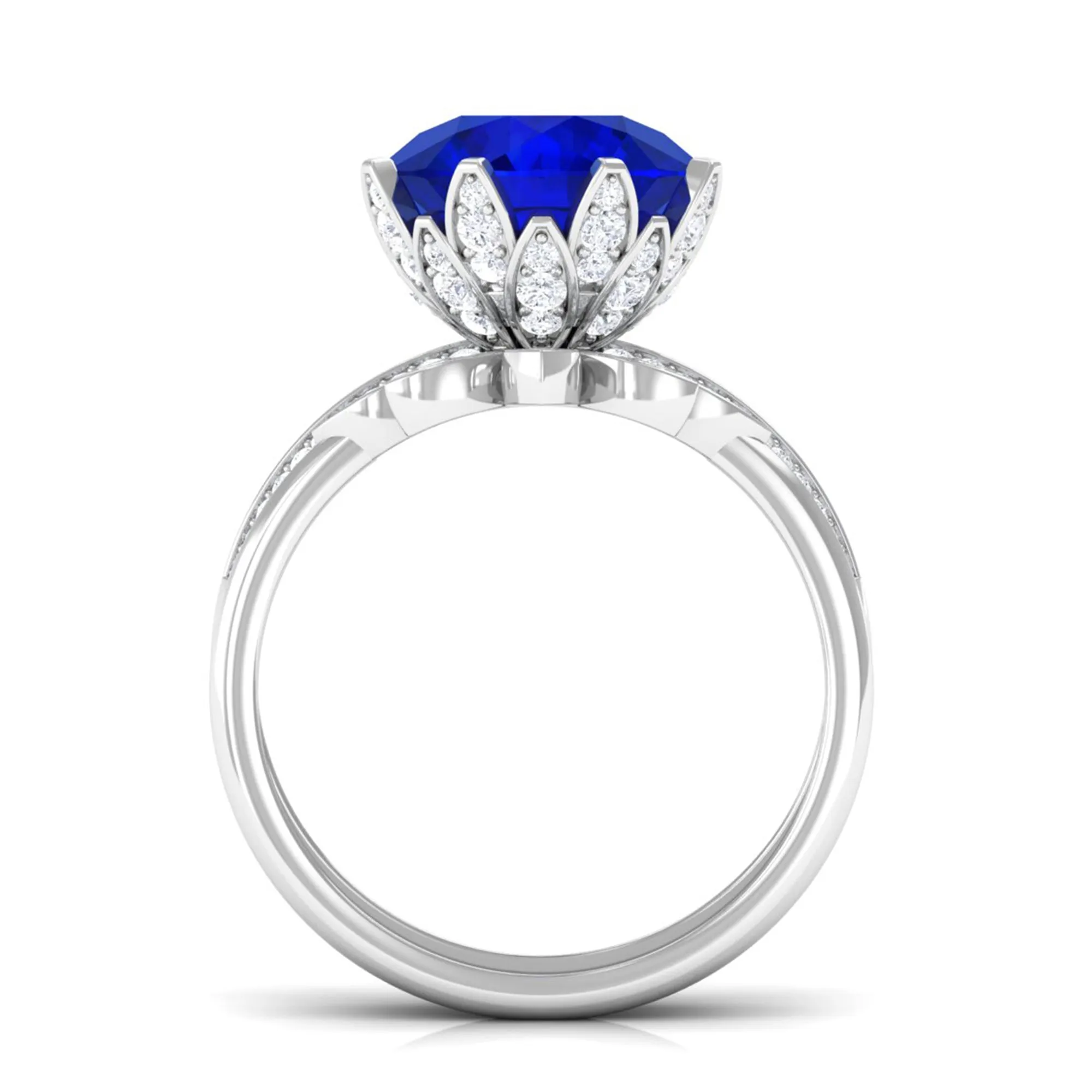 Floral Inspired Lab Grown Blue Sapphire and Diamond Bridal Ring Set