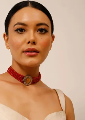 Gold Plated Choker Necklace With A Yellow Stone Centre And Coral Bead Strings