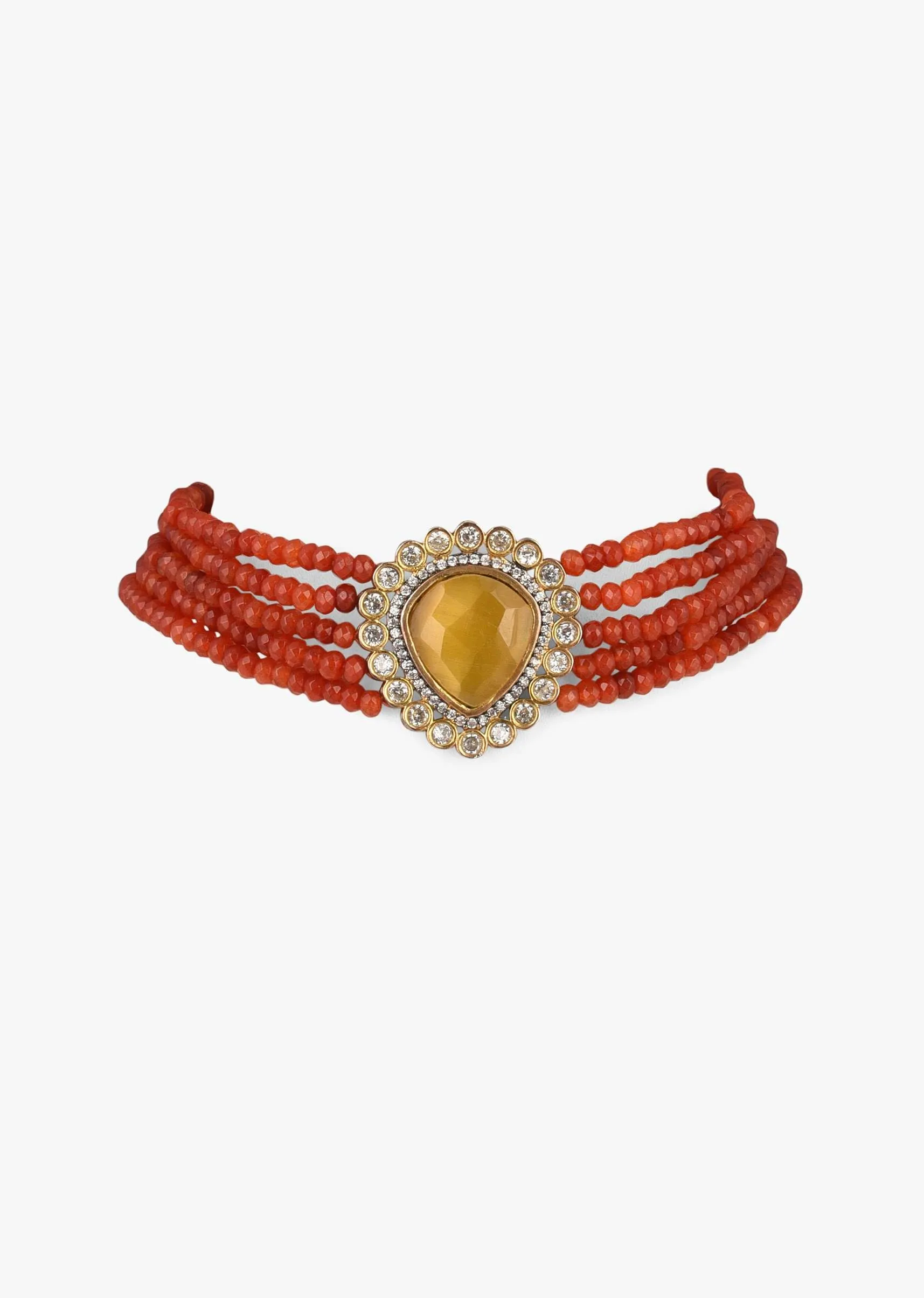 Gold Plated Choker Necklace With A Yellow Stone Centre And Coral Bead Strings