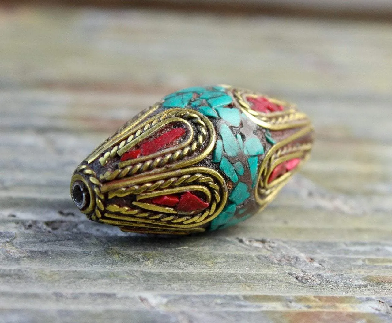 Grand Scale Brass Coral and Turquoise Tibetan Bead