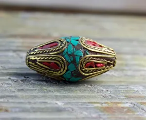 Grand Scale Brass Coral and Turquoise Tibetan Bead